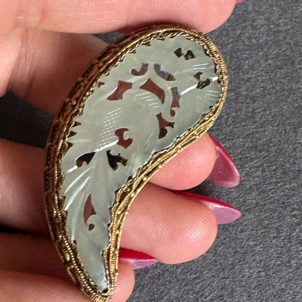 925 Sterling Silver Gold Plated Antique KAG Germany Carved Jade Filigree Brooch